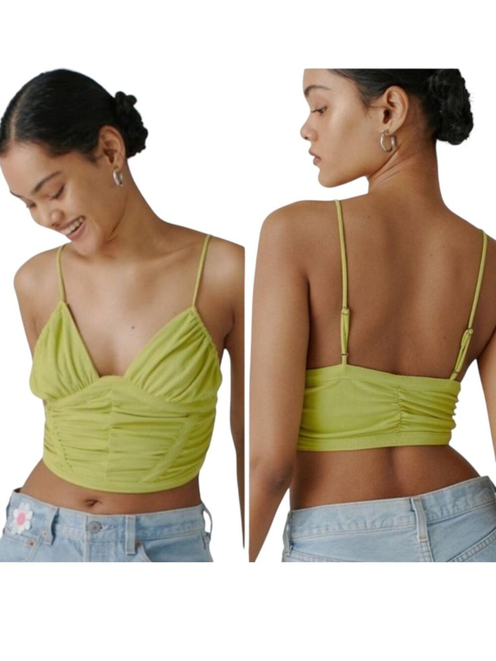URBAN OUTFITTERS Lime Green Ruched Cropped Cami Top - Size Large